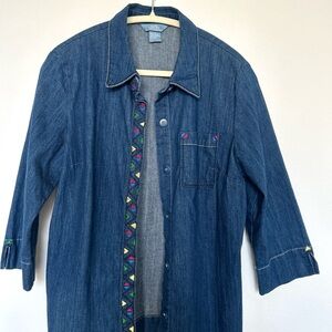 Denim Button-Up Shirt with Embroidered Trim